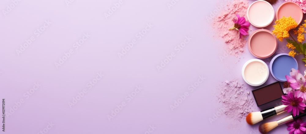 Poster cosmetic products artfully arranged in a flat lay composition on a colorful background leaving ample