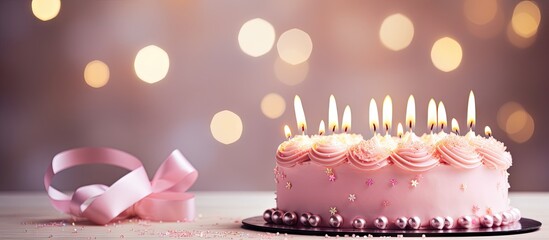 A pink toned greeting card with a cake adorned with burning candles celebrating an anniversary Festively decorated with polka dot garlands it wishes the birthday girl a happy birthday Copy space image - Powered by Adobe