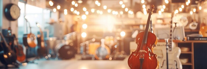 blur background with a huge assortment of different guitars hanging on the walls in a musical instrument store. music shop. guitars for sale . Hobbies and recreation.