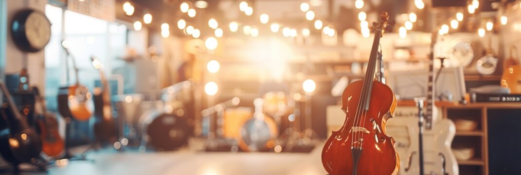 blur background with a huge assortment of different guitars hanging on the walls in a musical instrument store. music shop. guitars for sale . Hobbies and recreation.