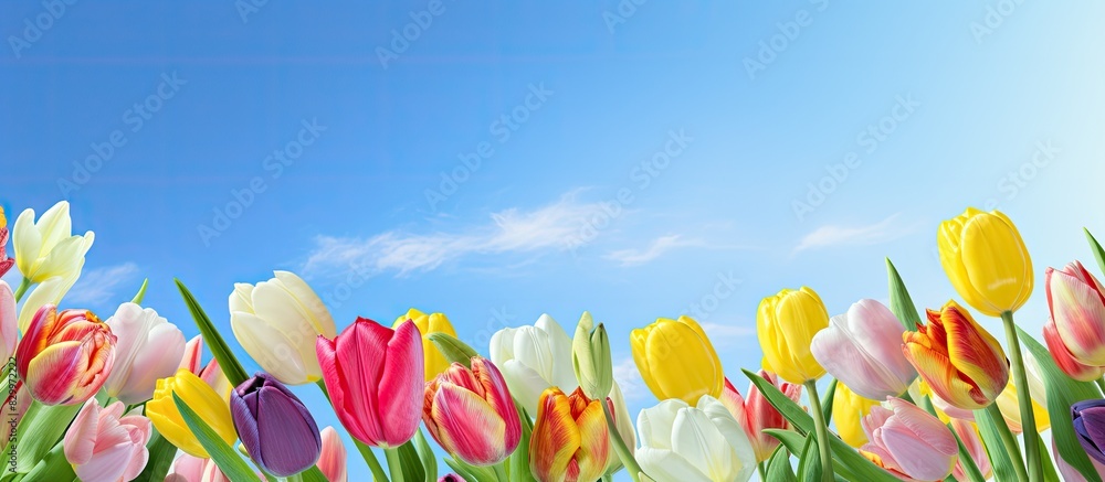 Poster a panoramic flat lay image featuring a bouquet of tulip flowers against a blue sky background with a