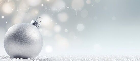 A gorgeous Christmas ball decoration shines on a silver background creating a captivating copy...