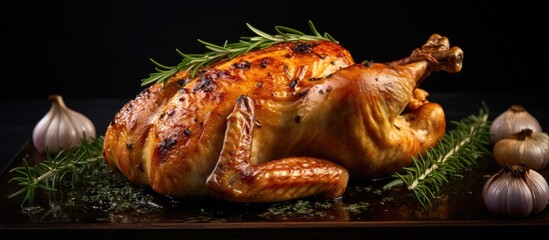 A delicious homemade rotisserie chicken with thyme expertly baked to perfection The chicken is showcased on a black background viewed from the top with copy space available
