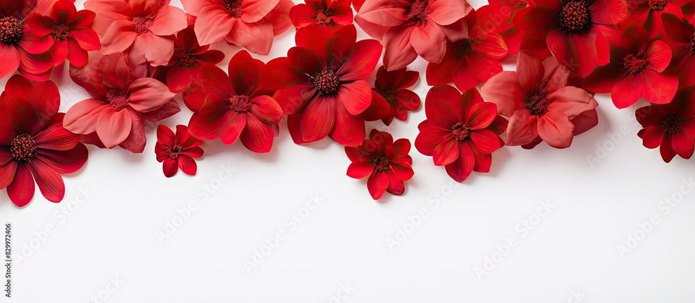 Poster a pile of artificial red flowers arranged in a top down view for a textured background on a white su