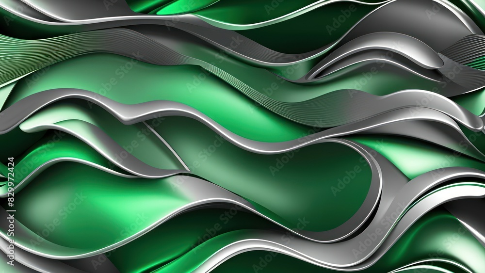 Poster Soft and smooth textured 3d effect emerald green wavy curved lines abstract background.	