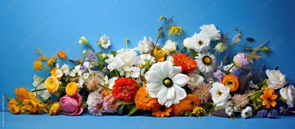 Poster a gorgeous arrangement of flowers set against a vibrant blue backdrop creating a stunning copy space