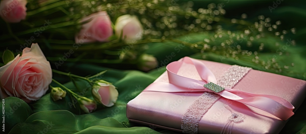 Poster a needle pad sits on a backdrop of lush green adorned with a delicate pink ribbon embodying the ench