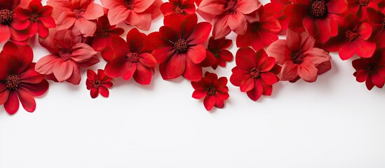A pile of artificial red flowers arranged in a top down view for a textured background on a white surface Copy space image with a flat overhead perspective