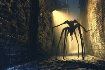 Terrifying Halloween Nightmare Scene with Shadowy Spider Creature in a Dark Alley for Horror and Fantasy Designs