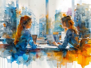 Professional women in leadership roles working in a contemporary office, watercolor style