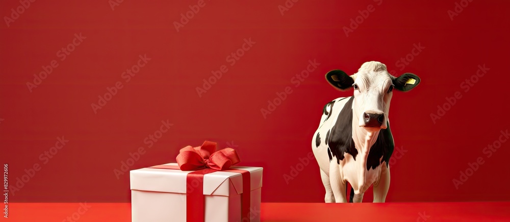 Aufkleber a cow shaped figurine rests on top of a gift box against a vibrant red backdrop offering abundant fr