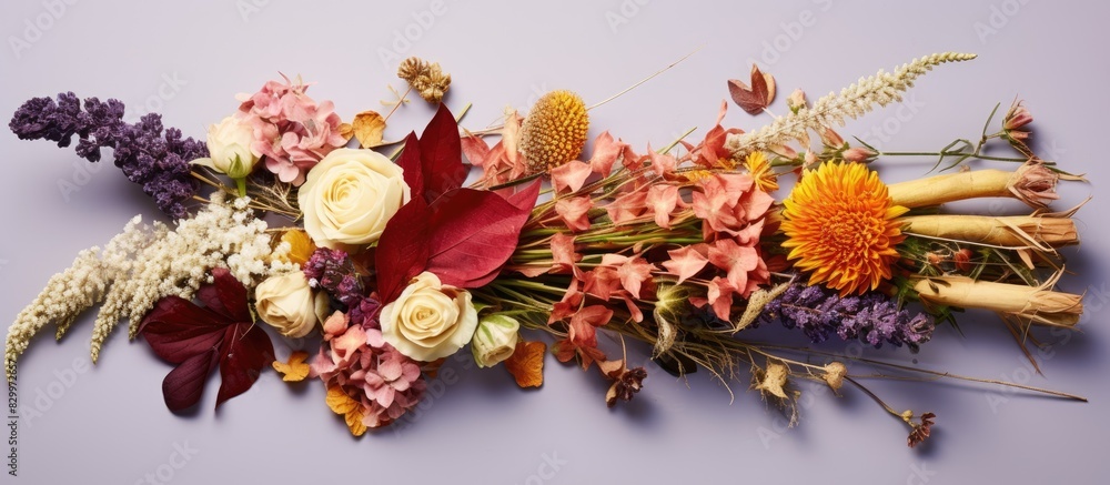 Poster a mix of various dried flower species arranged in a bouquet with empty space for copy in the image
