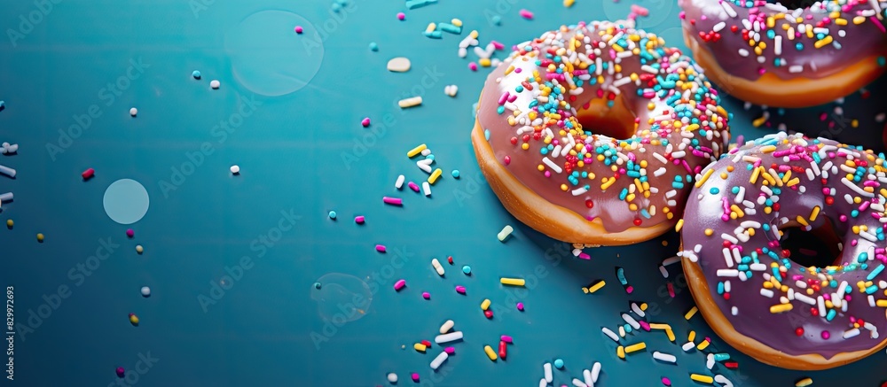 Aufkleber A copy space image featuring donuts with glossy teal frosting and colorful confetti sprinkles