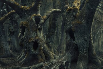 Fototapeta premium Nightmare-Inspired Decaying Forest with Screaming Tree Faces Perfect for Horror and Dark Fantasy Themes