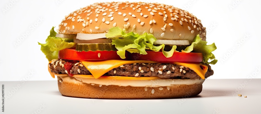 Poster close up copy space image of a hamburger or cheeseburger on a white isolated background featuring a 