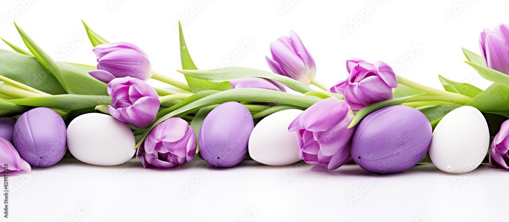 Poster Isolated on a white background there is an image of Easter eggs decorated with tulip and lilac flowers. with copy space image. Place for adding text or design