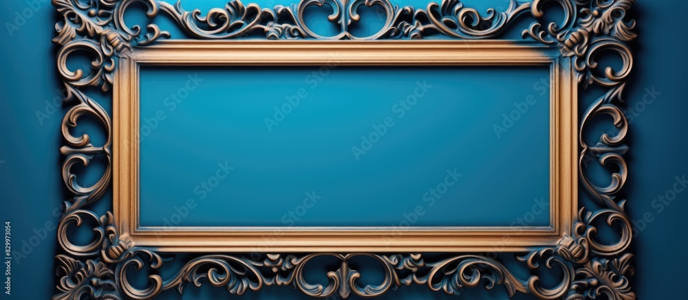 Poster A close up of an empty wooden frame on a blue background providing copy space for text The photo is of high quality