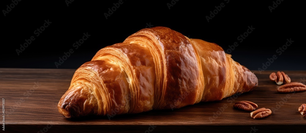 Poster a delectable walnut croissant from a homemade bakery placed on a wood table against a captivating bl