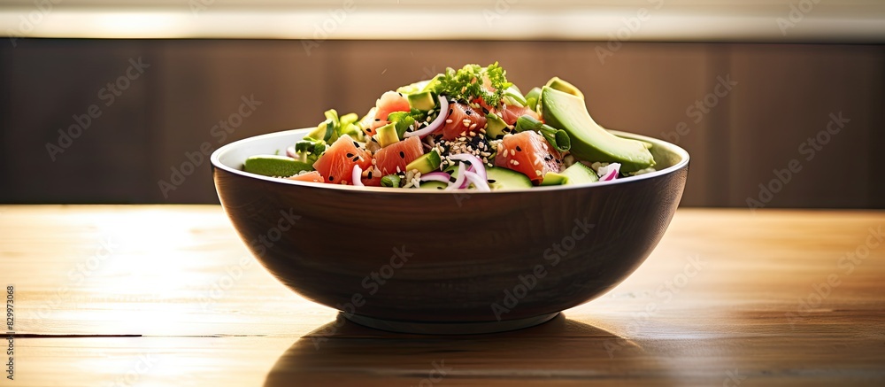 Poster a close up image of a raw organic tuna poke bowl with vegetables on a table copy space image