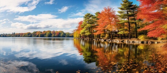 Autumn park with beautiful scenery its reflection on the lake offers a captivating copy space image
