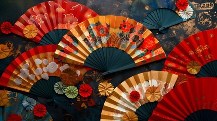 Elegant Japanese Paper Fan Collage with Intricate Designs for Traditional Festival