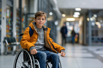 cheerful teenage boy in a wheelchair in modern school