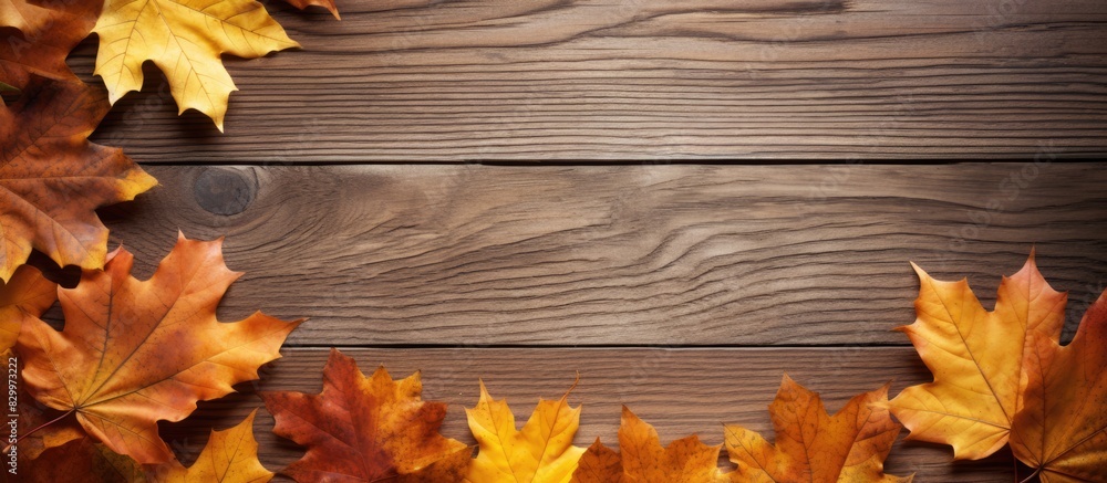 Poster flat lay of dry autumn leaves from a maple tree on a wooden table providing copy space for text