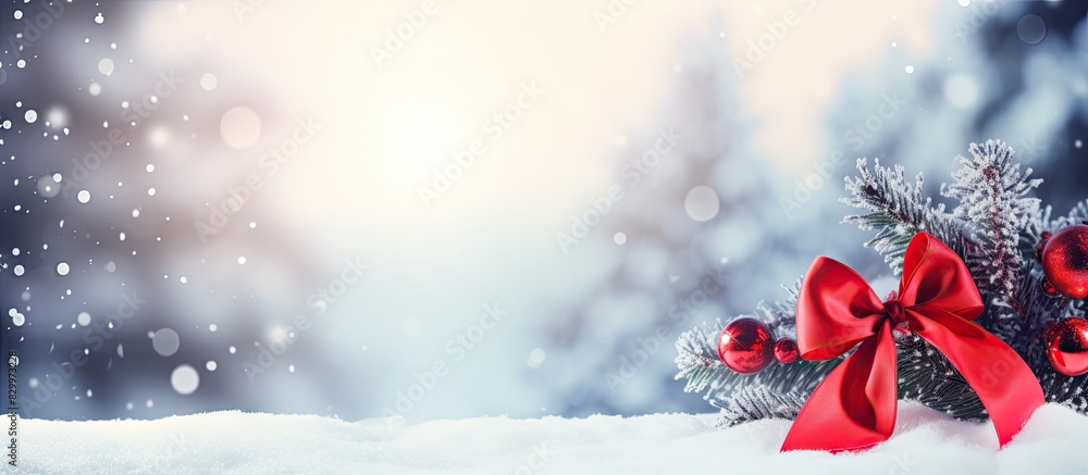Poster A festive image of a Christmas tree limb adorned with cheerful red plastic bows stands against a beautiful snowy background creating a charming Christmas border. with copy space image