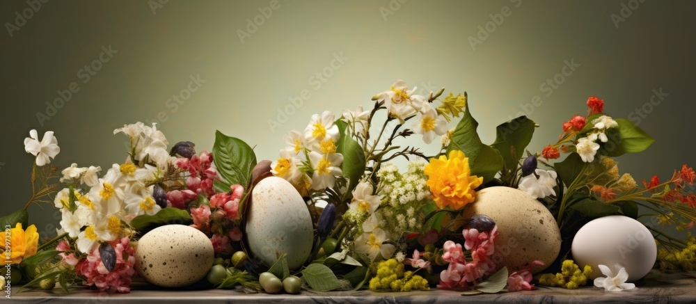 Poster aesthetic arrangement featuring easter eggs foliage and flowers on a luminous backdrop allowing for 