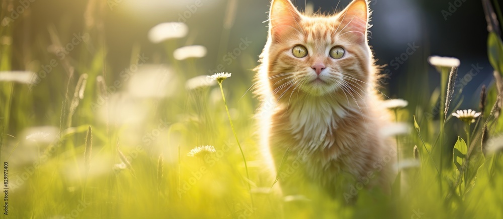 Aufkleber cat romps in a sunny meadow with plenty of empty space for a picture. with copy space image. place f