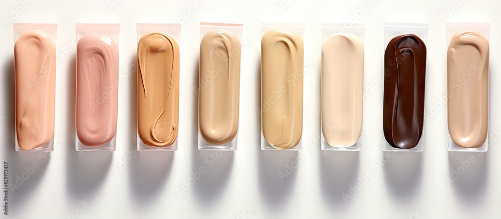 Poster Collection of liquid foundation in various shades depicted on a white background with ample copy space image