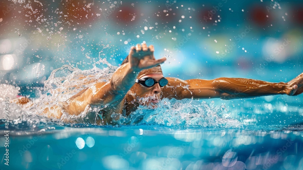 Poster olympic swimmer powerfully executing butterfly stroke in splashing water | strength and technique in