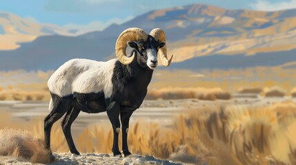 Sahelian Ram with a white and black coat. 