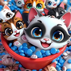 Cartoon character kitten 3d illustration for children. Cute fairytale cat print for clothes, stationery, books, merchandise. Toy kitten 3D character banner, background. Cartoon character 3d cat.