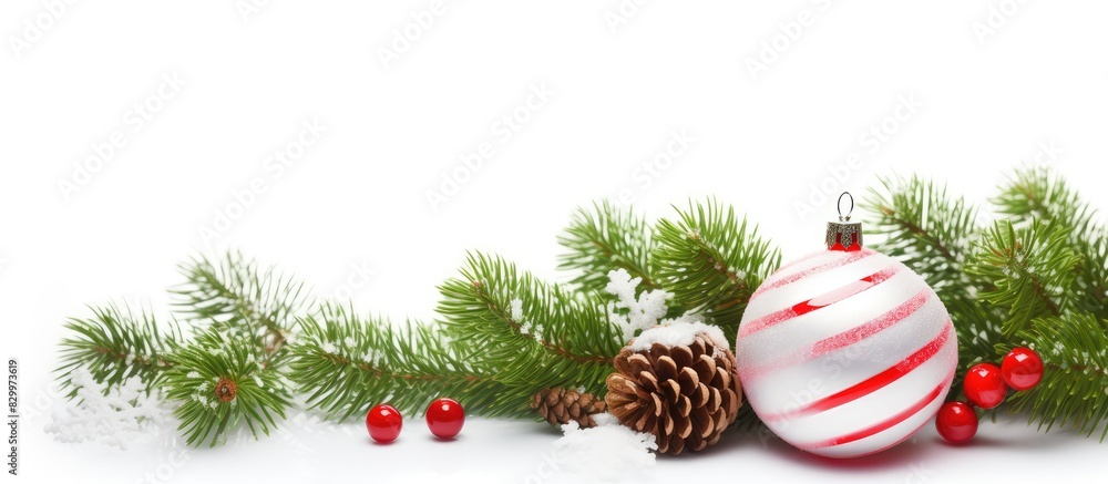 Poster a festive christmas card with fir branches candy and a christmas ball on a white background the imag