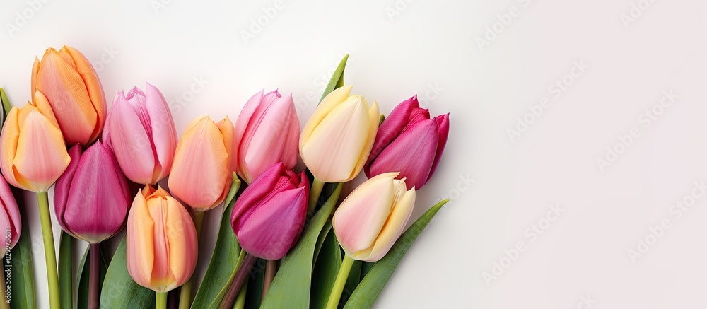 Poster a beautiful bouquet of tulips stands alone on a white backdrop with ample space around it for showca