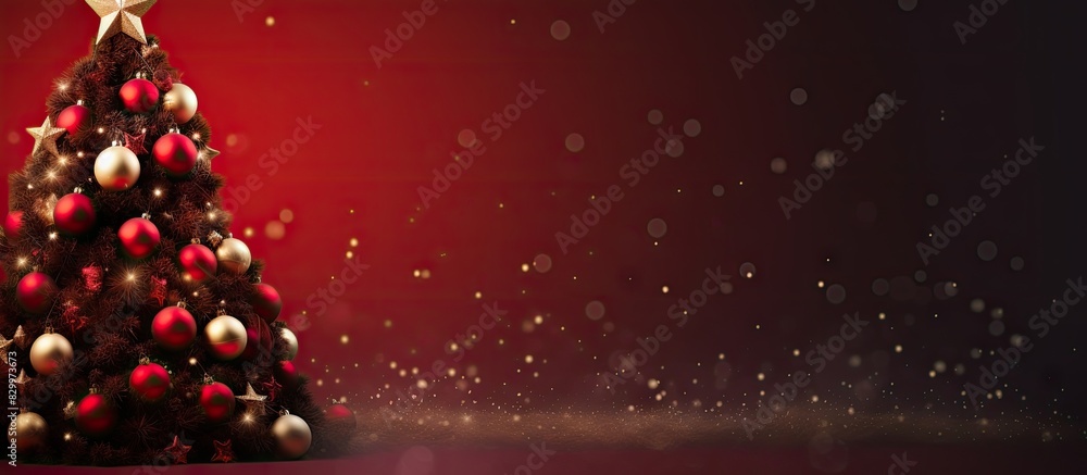 Poster Festive Christmas tree adorned with red ornaments creating a joyful atmosphere The image features a background and ample copy space