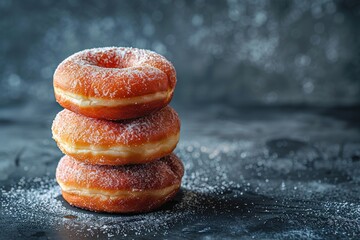 Sweet donuts with powder sugar on black background. Food concept. Copy space - Powered by Adobe