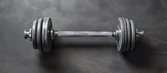 Fitness or bodybuilding concept with a product image showcasing old iron dumbbells on a grey concrete floor in the gym The photograph provides a top view perspective with ample copy space