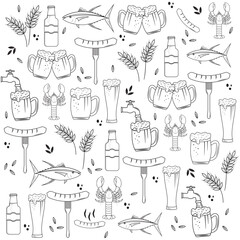 Obraz premium Brewing monochrome seamless pattern with beer lined icons and elements on white background vector illustration.
