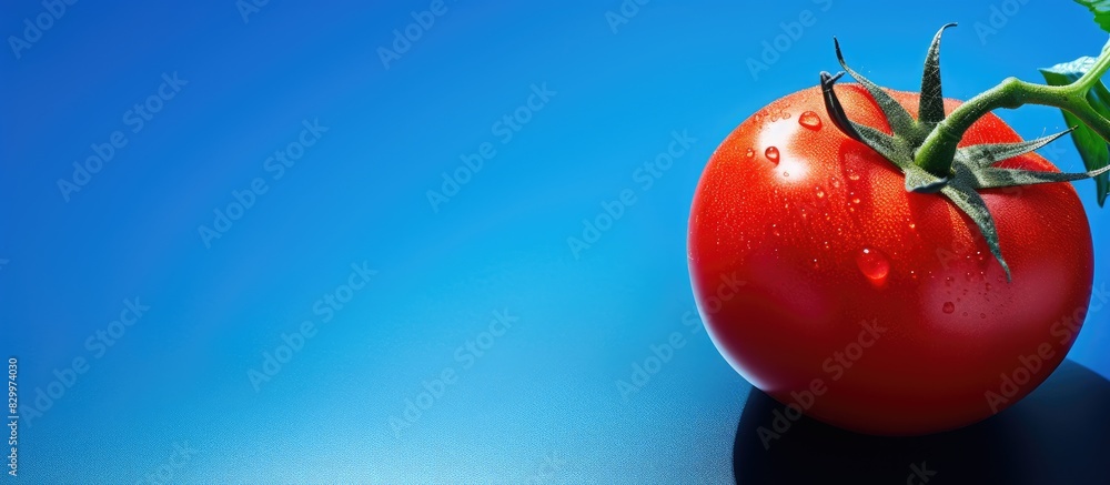 Poster the close up top view of a fresh organic tomato is showcased on a blue background accentuated by a d