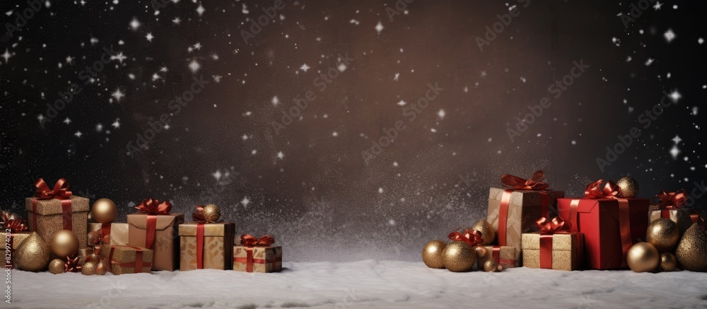 Poster A festive Christmas backdrop adorned with decorations and gift boxes leaving ample empty space for additional content