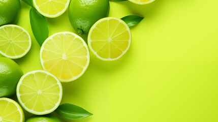 Lemon and Lime Slices with Leaves on Yellow Background