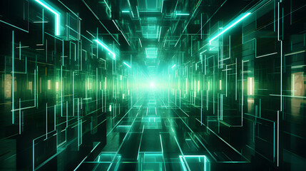 Obraz premium Digital green 3d tunnel geometric abstract graphics poster background