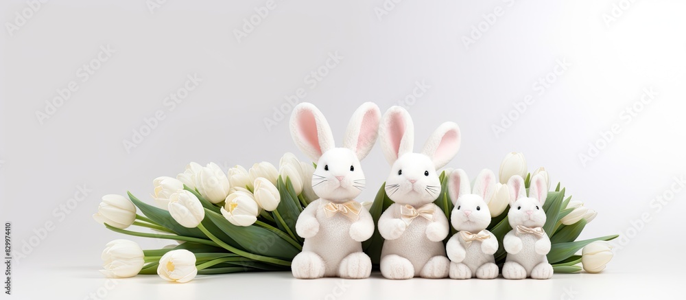 Aufkleber front view of three easter rabbit figurines holding a bouquet of white tulips against a white backgr