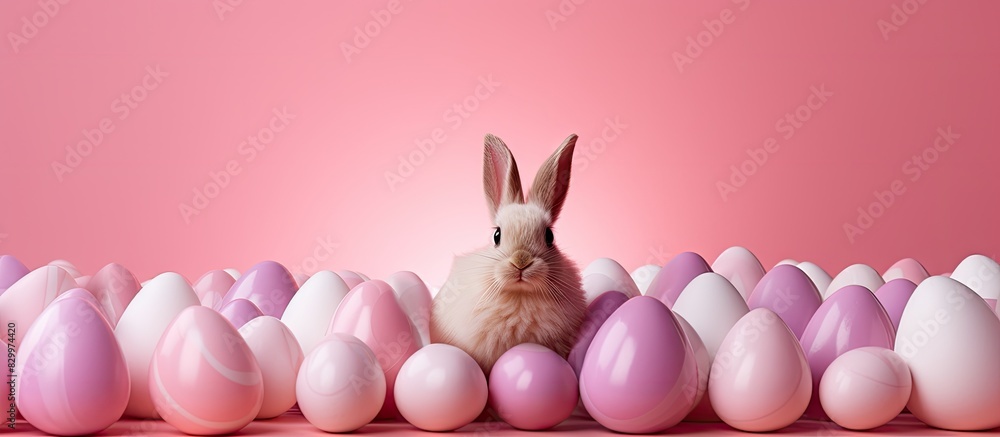 Poster an easter themed decorative shell featuring colorful eggs and a bunny set against a pink background 