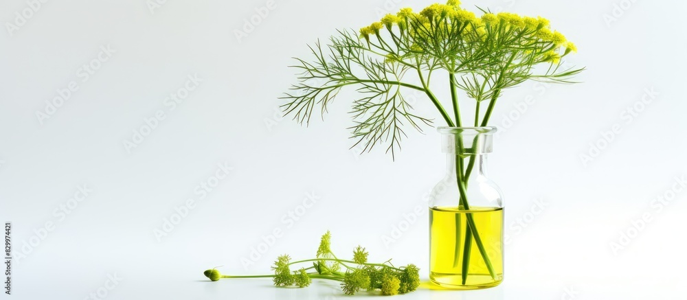 Poster Copy space image of a bottle of essential oil and fresh dill placed on a white table with room for text