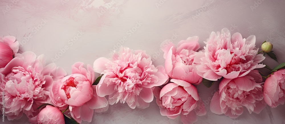 Poster a beautiful arrangement of pink peonies rests on a textured background providing ample copy space fo