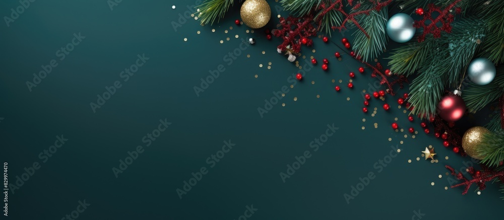Poster festive christmas border with stylish decorations confetti and fir branches on a green background a 
