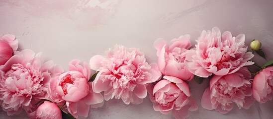 A beautiful arrangement of pink peonies rests on a textured background providing ample copy space for text The flowers are displayed in a flat lay style